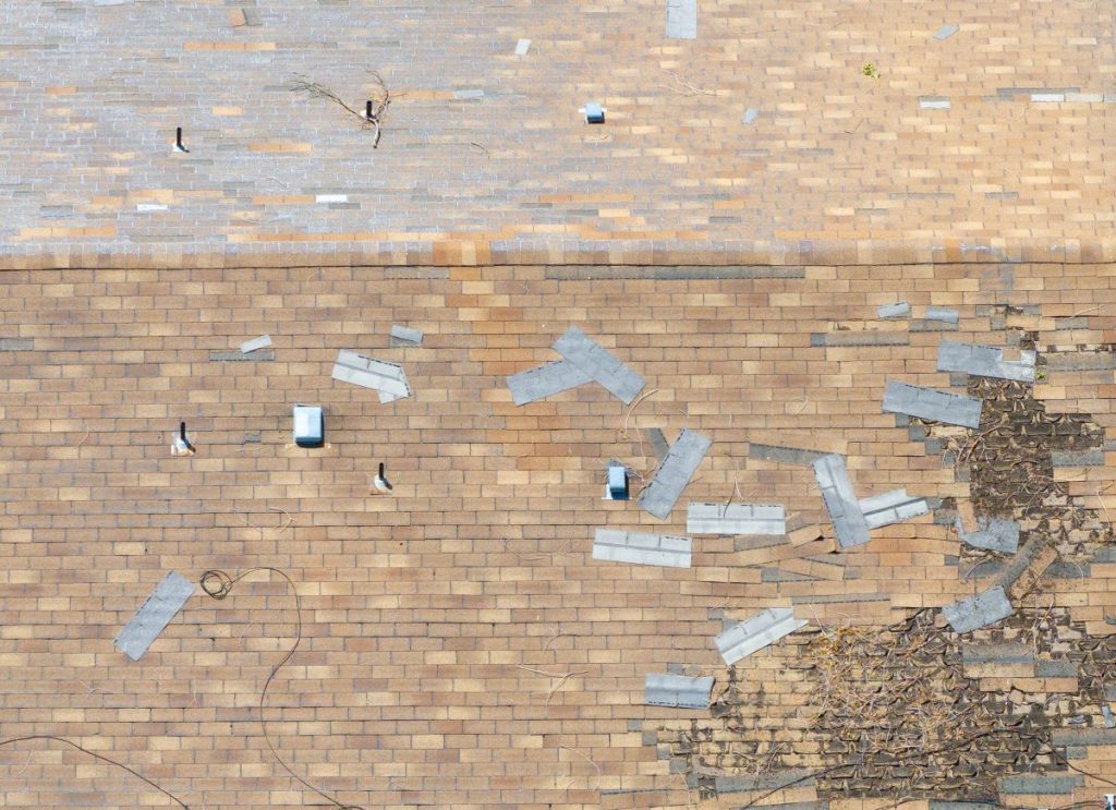Aerial shot of storm-damaged roof