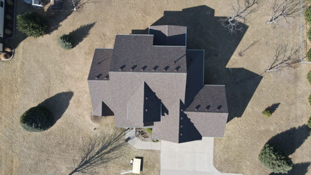 Aerial view of a repaired roof